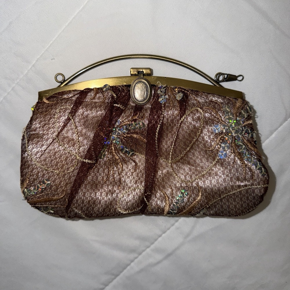 Vintage Brown Evening Purse Clutch Embroidered Sequin Metal Frame Clasp